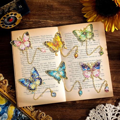 6 Pieces Metal Butterfly Bookmarks with Chain, Golden Hollow Bookmark Monet Oil Painting Theme Book Mark Bookmarks for Book Lovers Writers Readers Children Teens for Women - color: Butterfly