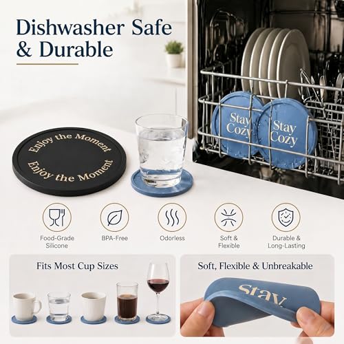 HiramWare Silicone Coasters Set of 6, Premium Drink Coaster with Holder, Non-Slip, Non-Stick, Dishwasher Safe, Perfect for Hot and Cold Drinks, Protect Your Desks and Tables(3 Morandi Blue + 3 Black) - color: 3 Morandi Blue + 3 Black