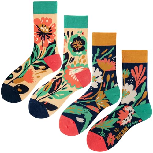2 Pairs Cartoon Animal Crew Socks Fun Cotton Mid Calf Socks for Women - color: Florals