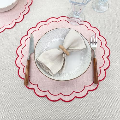 Linen Cotton Placemats Set of 4 Scalloped Flower Embroidery Place Mats 15'' Natural Linen Texture Fabric Machine Washable Table Mats for Restaurant Kitchen,Table Decor(Powder Pink) - color: Powder Pink