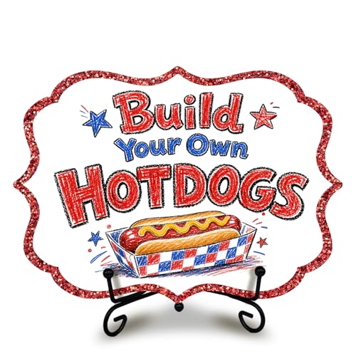 Wooden Patriotic Table Sign for Hot Dog Station, Fourth of July BBQ Buffet Decor with Metal Stand, 5 x 7 Inch Independence Day Food Display for Food Truck, Restaurant, Summer Party - A03 - color: DLR A03