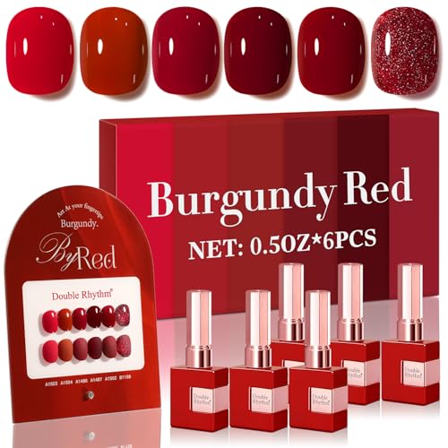 Double Rhythm 6 Pcs 15 ML Gel Polish Set Same Color Same Bottle Soak Off Gel Polish Kit Nail Art Manicure Salon DIY at Home for Women (Glitter Burgundy Dark Cherry Red Maroon-T6-7) - color: Burgundy Red