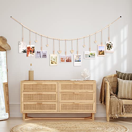 KLOGTSIND Hanging Photo Display with Clips, Wood Bead String Photo Banner