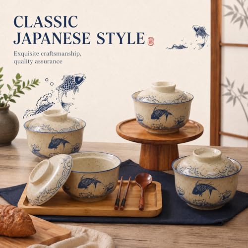 LemonRoad 25oz Ramen Bowls Set of 4 Japanese Dinnerware Set with Lid, Fish - style: Fish