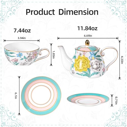 KAMMAK Tea for One Set, Ceramic Teapot, Bone China Tea Set, Cup and Saucer - color: Green-GH6