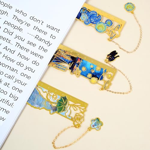 3Pcs Oil Painting Hollow Metal Bookmarks, Art Series Ruler Bookmarks