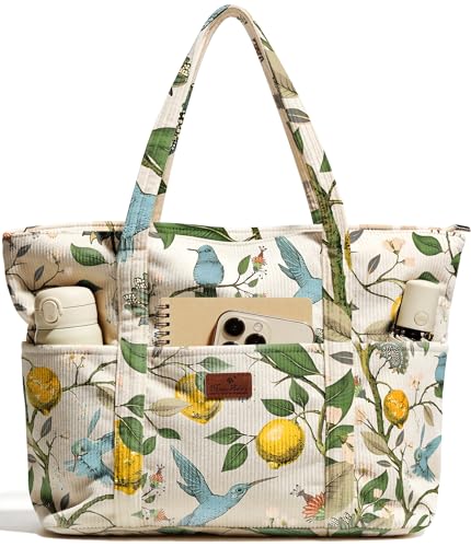 Miss Adola Large Aesthetic Corduroy Tote Bag for Women - color: Lemonbird, size: Large