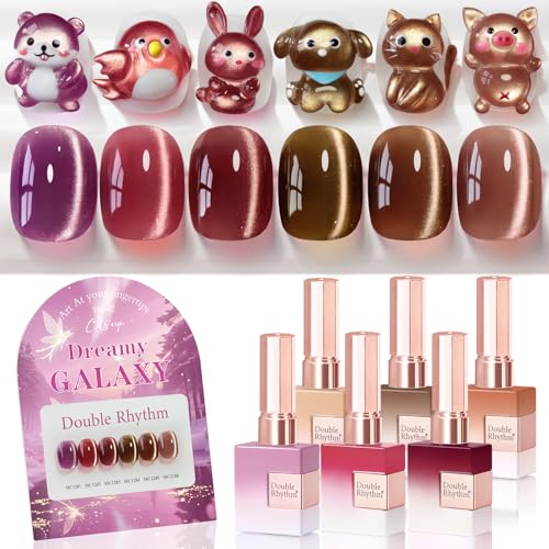 Double Rhythm Cat Eye Gel Nail Polish Set of 6 Same Color Same Bottle 0.5 Oz Shimmer Glitter with Magnet Holographic Reflective Magnetic UV Nail Polish Kit at Home (Rose Coffee Brown Red-T6-62) - color: Dreamy Galaxy Brown