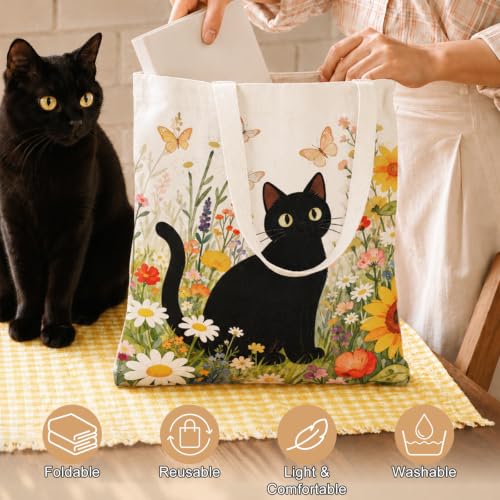 Canvas Tote Bag,Aesthetic Tote Bag,Cute Totebag with Buckle & Pocket,Reusable Canvas Bags,Cat Dogs Gifts for Grocery - color: Small Cat