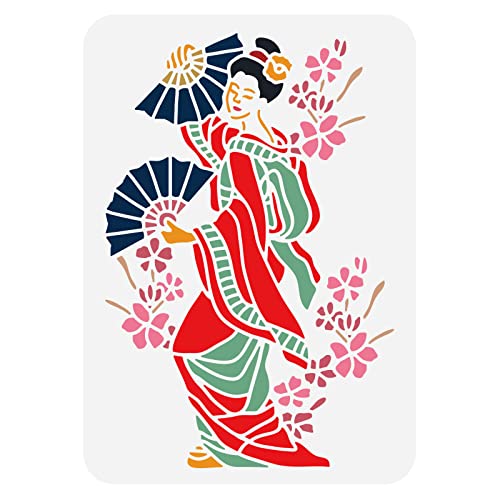 BENECREAT Japanese Geisha Stencils, 8x12inch Oriental Dancer Large Plastic Reusable Painting Templates Stencils for Scrapbooking, Floor Furniture, Wall Art