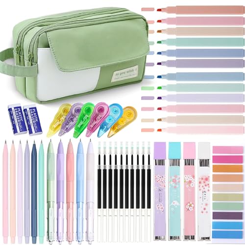 42 Pcs Big Capacity Pencil Pouch with Aesthetic School Supplies, 12 Pastel Highlighters, 5 Black Ink Gel Pens, 6 Mechanical Pencils Set 0.5 & 0.7mm, Sticky Notes, Stationary Set for Student(Green) - color: Green