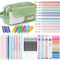 42 Pcs Big Capacity Pencil Pouch with Aesthetic School Supplies, 12 Pastel Highlighters, 5 Black Ink Gel Pens, 6 Mechanical Pencils Set 0.5 & 0.7mm, Sticky Notes, Stationary Set for Student(Green) - color: Green