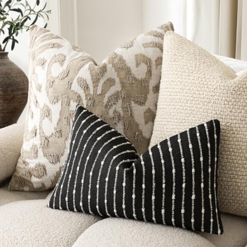 Foindtower Boho Striped Boucle Lumbar Throw Pillow Covers 12x20 Inch Black - color: Black, size: 20" x 12" (Pack of 2)