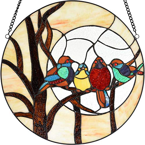 Bieye W10045 Birds & Full Moon Tiffany Style Stained Glass Panel, 16-Inch