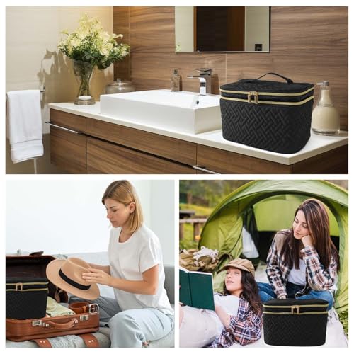 Makeup Bag Organiser for Women, Large Double Layer Cosmetic Make Up Bag - color: Black