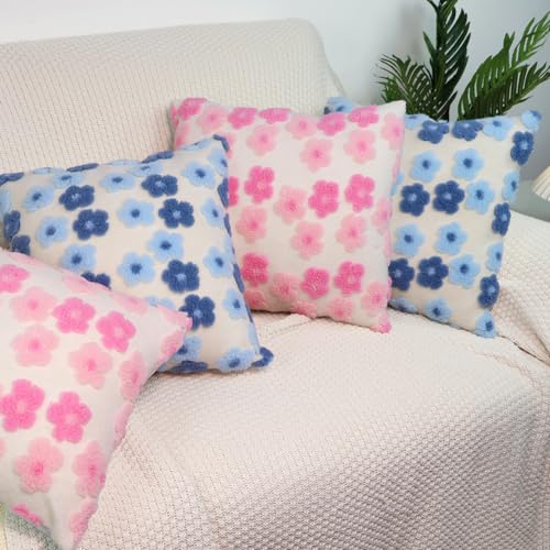 Pink Floral Throw Pillow Covers 18x18 Inch Set of 2, Flower Jacquard Farmhouse Decorative Faux Fur Cushion Cases for Sofa Bedroom Living Room Home Decor Pink x2 - color: Plum Blossom Pink X2, size: 18" x 18" (Pack of 2)