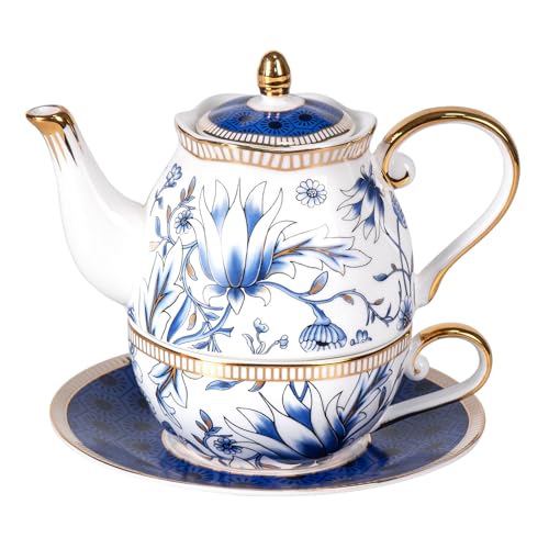 KAMMAK Tea for One Set, Ceramic Teapot, Bone China Tea Set, Cup and Saucer - color: Blue-GH7