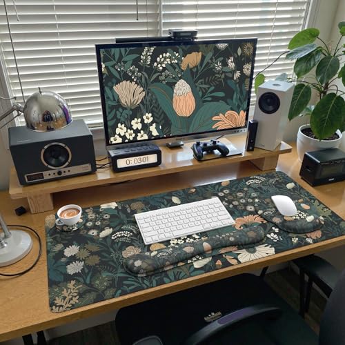 iCasso Desk Cover Mat, 4in1 Floral Large Mouse Pad with Wrist Rest - color: Cute Weeds
