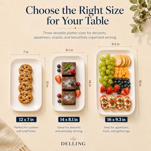 DELLING Large Serving Platter Set of 3, 16/14/12 Inch Porcelain Serving Trays for Party - White Ceramic Rectangular Platters for Entertaining, Appetizer Fruit Tray for Gethering Shower Dinner - color: White, size: 16 x 9.5 inch, 14 x 8.1 inch, 12 x 7.1 in