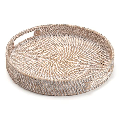 Round Rattan Serving Tray Decorative Woven Ottoman Trays with Handles for Coffee Table White (Small 11.8 inch x 2 inch) - color: Whitewash, size: 11.8"