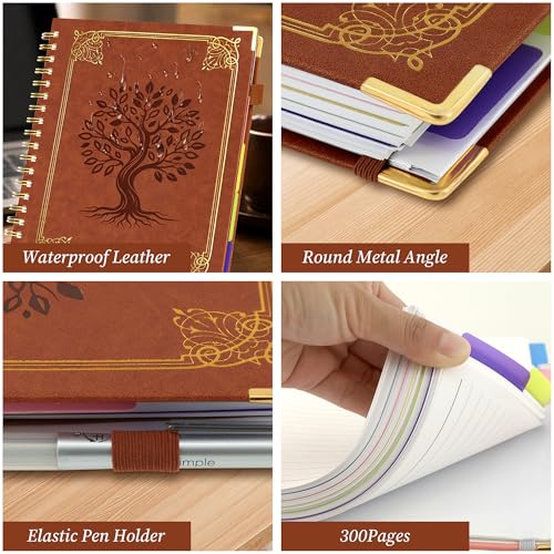 Hardcover Spiral Notebook Journal with Removable Dividers Tabs, 5 Subject Notebooks for Work School, 300 pages 8"x10" B5 leather Journal College Ruled, Cute Journal for Women Men, Brown - color: Brown