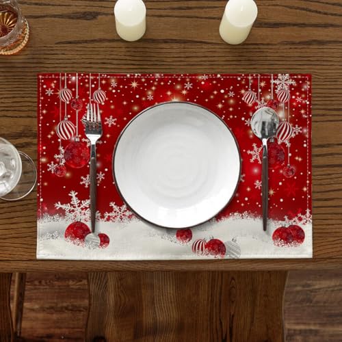 Ansouyi Placemats Set of 6, Red Snowflakes Christmas Balls Washable Heat Resistant Linen Table Mats, Kitchen Decor Non-Slip Place Mats for Party Dining, 12x18 Inch - color: Christmas Balls
