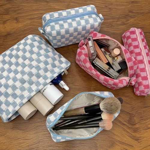 3 Pieces Checkered Makeup Bag Set, Blue Cosmetic Bags for Women, Large Medium Small Portable Travel Toiletry Bag, Cute Zipper Pouch Organizer for Purse, Skincare, Cosmetics, Stationery - color: 3 pcs Blue
