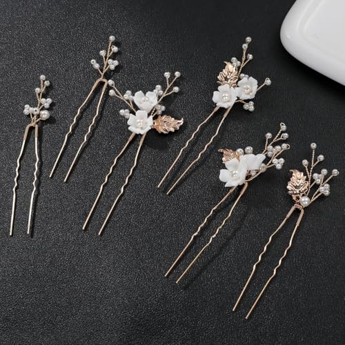 Handmade Pearl Bridal Wedding Hair Pins 6Pcs White Ceramic Flowers Gold Leaf Pearls Clips Wedding Hair Accessories for Women Brides Bridesmaid (Gold) - color: Gold