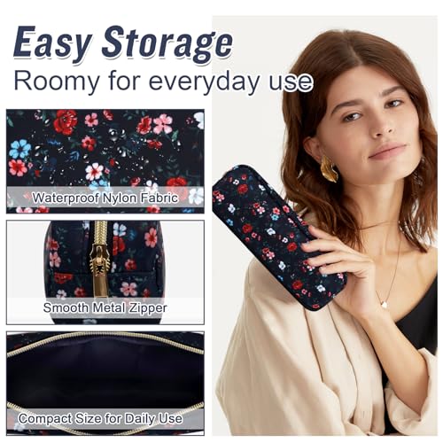 Nylon Small Floral Makeup Bag Slim Pouch, Preppy Cute Travel Makeup Brush Case Cosmetic Zipper Pouch for Purse, Waterproof Toiletry Bag Makeup Organizer Travel Essentials for Women(Navy Blue-Flower) - color: Navy Blue-Flower, size: Slim