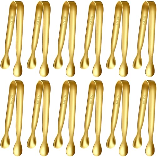 HOTEC 12Pcs Mini Gold Tongs for Serving, 4.3" Small tongs Stainless Steel Sugar Tongs for Coffee Bar, Tea Party, Appetizers, Desserts, Buffet and Ice Bucket Food-Grade & Dishwasher Safe - color: Gold
