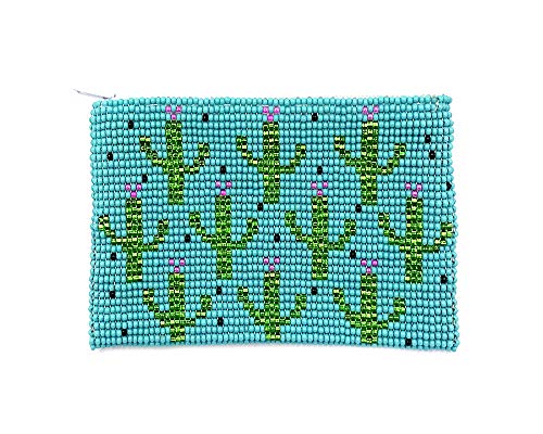 Multi Saguaro Cactus Pattern Czech Glass Seed Beaded Coin Purse Zipper Pouch - Womens Fashion Handmade Bags Boho Travel Accessories (Turquoise) - color: Turquoise
