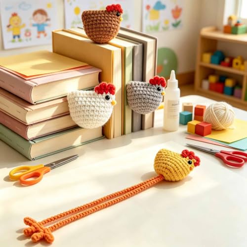 4 Pack Fall Crochet Chicken Bookmarks Chick Book Marks for Reading Gifts - color: Colorful Chicken