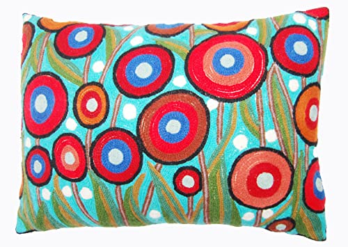 Lumbar Poppy Design Floral Pillow Cover Turquoise Blue Poppies Flower Pillowcase Farmhouse Chair Cushion Floral Botanical Pillowsham Hand Embroidered Size 14x20 - color: Lumbar Poppy Pillow Cover Turquoise