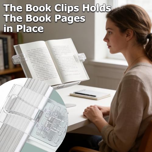 Adjustable Book Stand Holder, Rotating Hands-Free Reading Stand with Clips