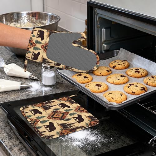 Tribal Bear Retro Geometric Silicone Oven Mitts and Pot Holders,Heat-Resistant 4 Piece Kitchen Set Non-Slip Oven Gloves and Hot Pads for Cooking, Baking, Grilling,BBQ - color: Tribal Bear Retro Geometric