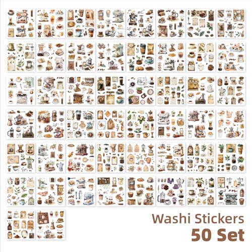 Coffee Themes Sticker Scrapbooking Supplies for Junk Journal, 50 Sheets Washi Stickers - Vintage Journaling Stickers, Ephemera Sticker Book Pre Cut(TZ-005-008) - color: Coffee Life