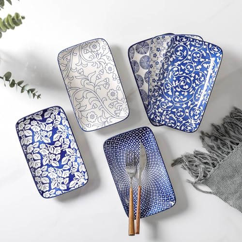 Selamica Ceramic Rectangular Salad Plates Set, Dinner Plate 9.4 Inch Dessert Plates for Party Entertaining, Small Serving Plates for Appetizers, Sushi, Fruit, Set of 4, Vintage Blue - color: Vintage Blue, size: 9.4 Inch, Set of 4