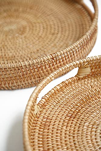 HITOMEN Hand-Woven Round Rattan Serving Tray Decorative Ottoman Wicker Platter with Handles for Coffee Table, Breakfast, Drinks, Snack, Bread, Fruit, Vegetables (Natural Set of 2: M+L) - color: Natural, size: Medium (11.8 inches)/Large (14.2 inches)