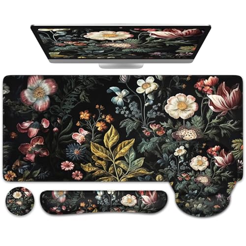 iCasso Desk Cover Mat, 4in1 Floral Large Mouse Pad with Wrist Rest - color: Elegant-Flowers