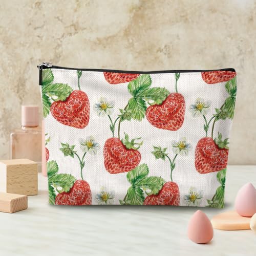 Boho Makeup Bag, Watercolor Strawberry Cosmetic Bag Makeup Organizer Pouch - color: Strawberry