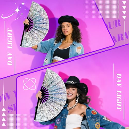 13 Inch Large Rave Fan & Clack Fan for Line Dancing - Folding Hand Fan with UV Glow for Boots on The Ground, Performance, Wedding, Party - Portable Handheld Fan for Women & Men - color: Reflective Silver Lines*1