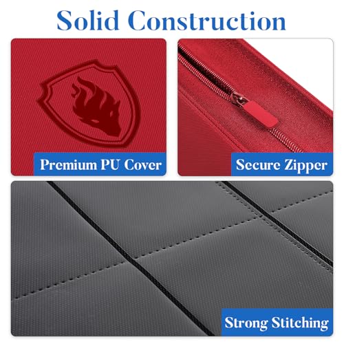 Premium Zip Card Binder, Fabmaker 9 Pocket Trading Card Binder PU Cover - color: Red, size: 9 Pocket - 13.9" x 10.5"