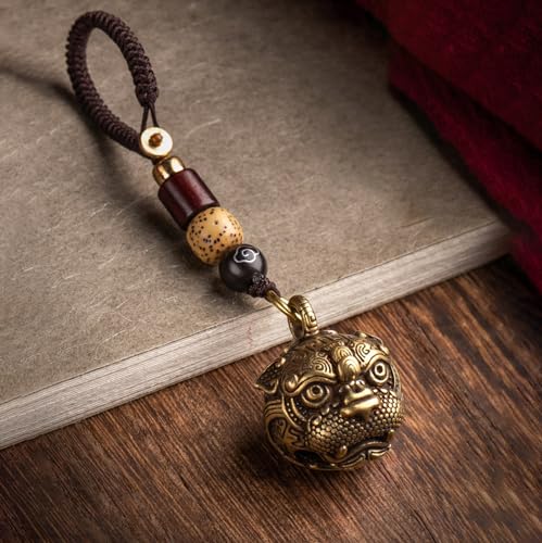 Brass Decorative Bells Keychain with Pi Xiu Pattern, Hanging Lucky Bell for Car Keys or Backpack as Good Luck Charms - style: Pi Xiu Bell
