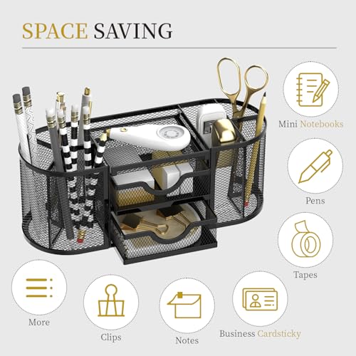 SUPEASY Mesh Desk Organizer, Pen Holder for Desk with 2 Drawers, Black - color: Obsidian Black