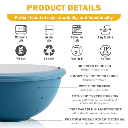 40OZ Wheat Straw Bowls Set with Lids, Camping Bowls with Lids,Blue - color: Blue, size: 40 OZ with Lid