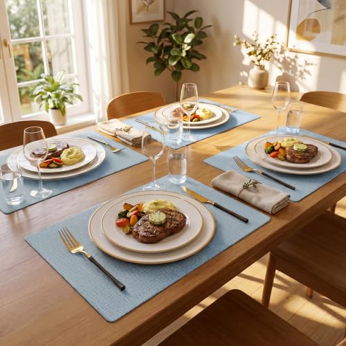 Romanstile Faux Leather Vinyl Placemats Set of 6, Sky Blue - color: Sky Blue