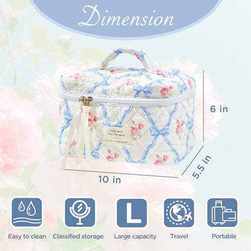 Sminra Large Travel Makeup Bag for Women, Quilted Cosmetic Case with Handle - color: Blue Bow Flowers-L