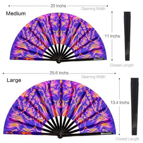 UV Glow Rave Fan, Bamboo Folding Clack Hand Fans Foldable for Men Women, Poping Fan for EDM Festival Line Dance Decoration, (Wellen, Medium 11") - color: Wellen, size: Medium 11"