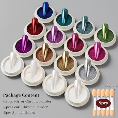 Chrome Nail Powder for Nails - 16 Colors Kit with 8 Brushes, Mirror Metallic Gold Silver Red Blue Aurora Pearl Iridescent Mermaid Shimmer Glitter for Home DIY Salon Nail Art Supplies