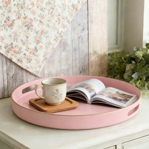 Pink Serving Tray with Handles,Round Coffee Table Tray Ottoman Tray - color: Round Tray-pink